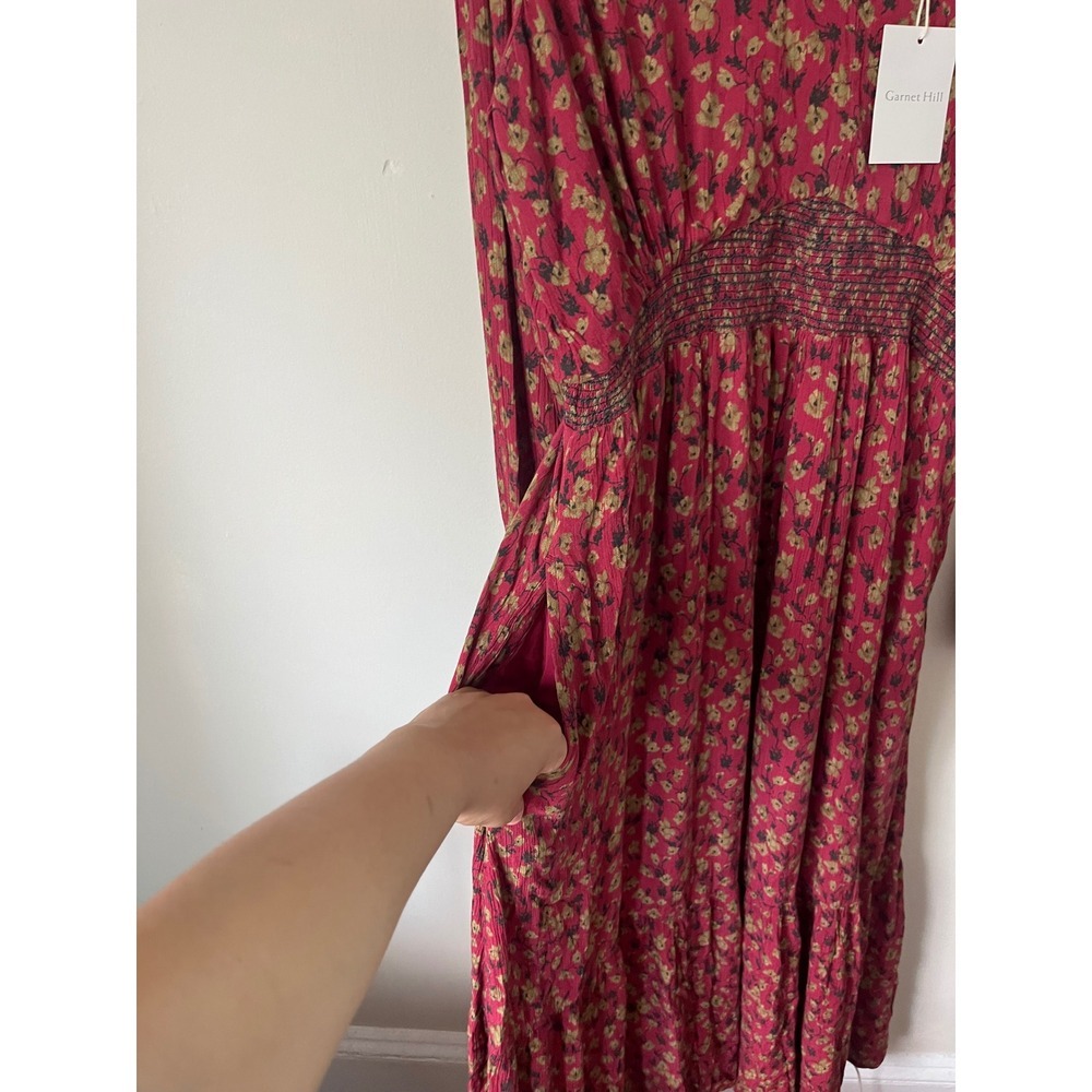 Garnet Hill Womens Burgundy Floral Smocked Waist Boho Midi Dress Size 16 NWT - Picture 11 of 12